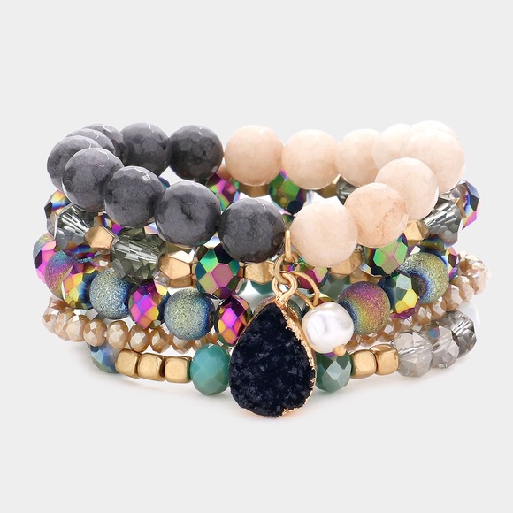 Multi colored druzy beaded bracelet set - Picture 1 of 3